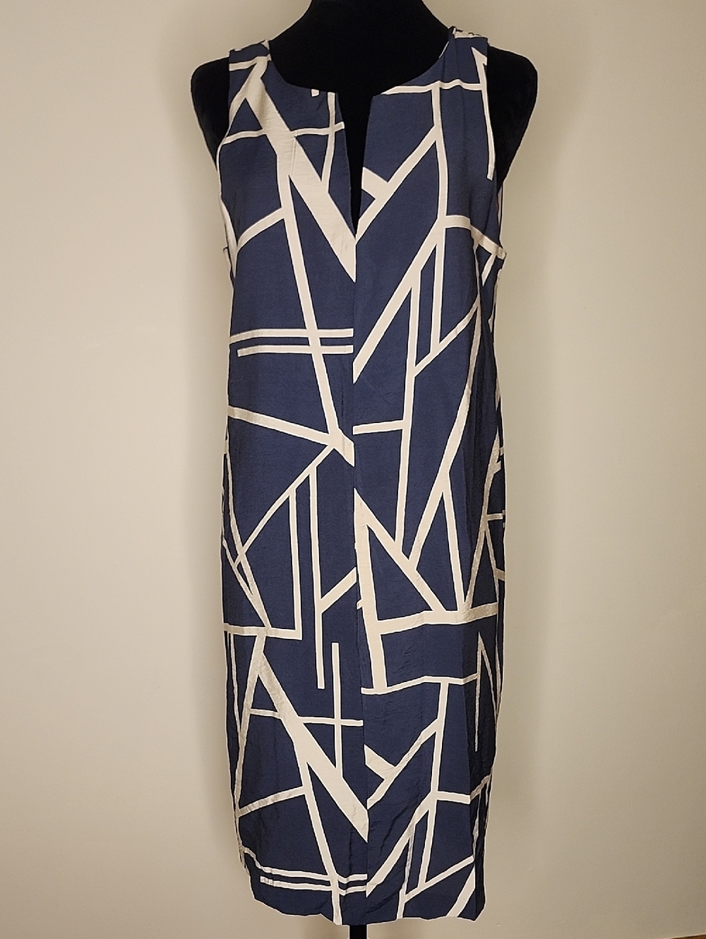 Banana Republic NWT Navy Cream Geometric Midi Dress M V-Neck Pockets Work